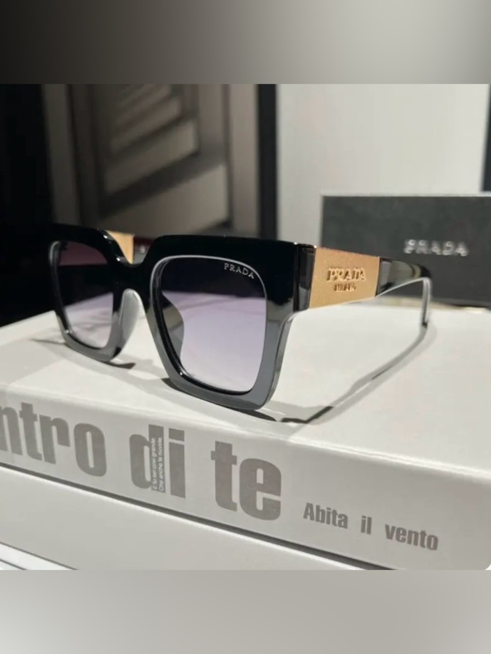 Prada Black Oversized Square Matte Brushed Gold Tone Logo Sunglasses Unisex